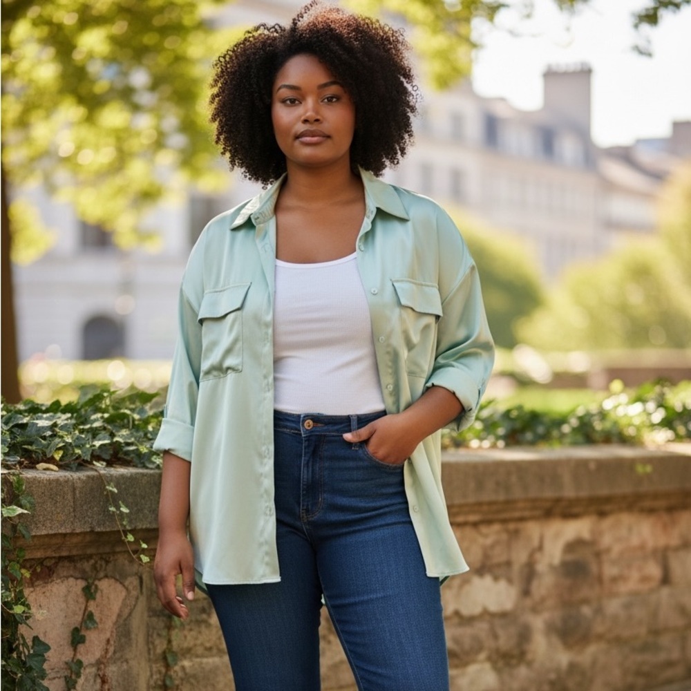SHEIN Sea Foam Pastel Green Flap Pocket Casual Satin Button Down Top